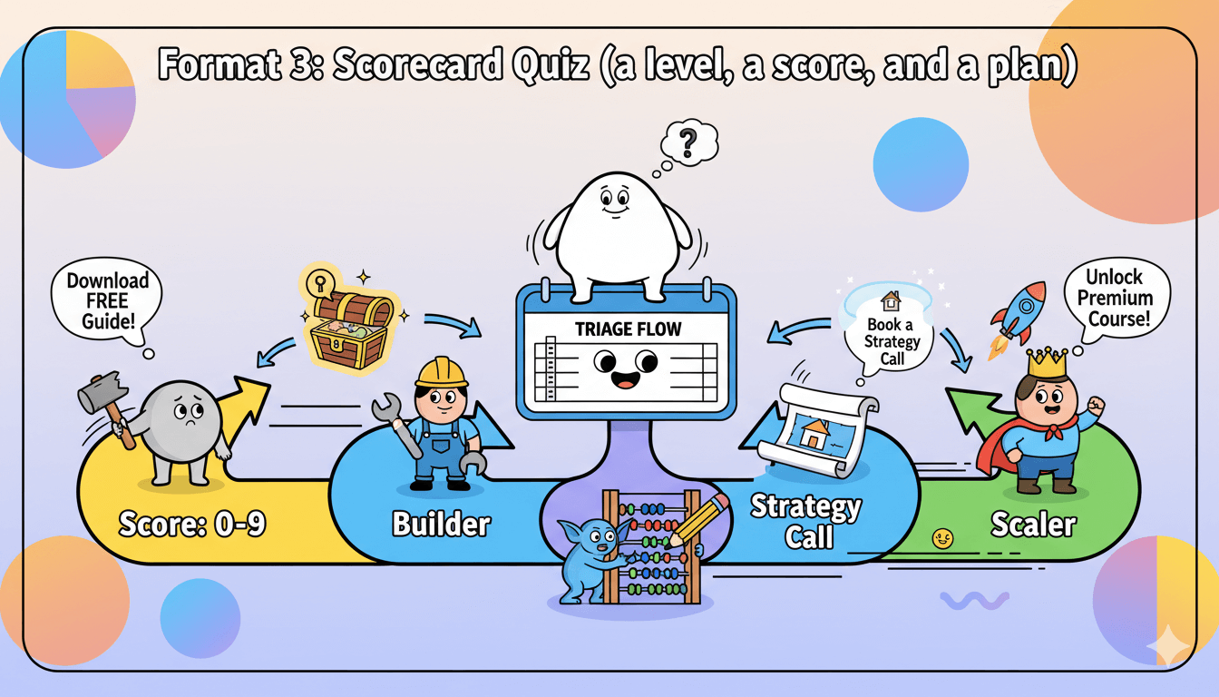Un diagrama de flujo de quiz con tarjeta de puntuación que muestra a los personajes de dibujos animados progresando de una puntuación baja a una alta con acciones asociadas.