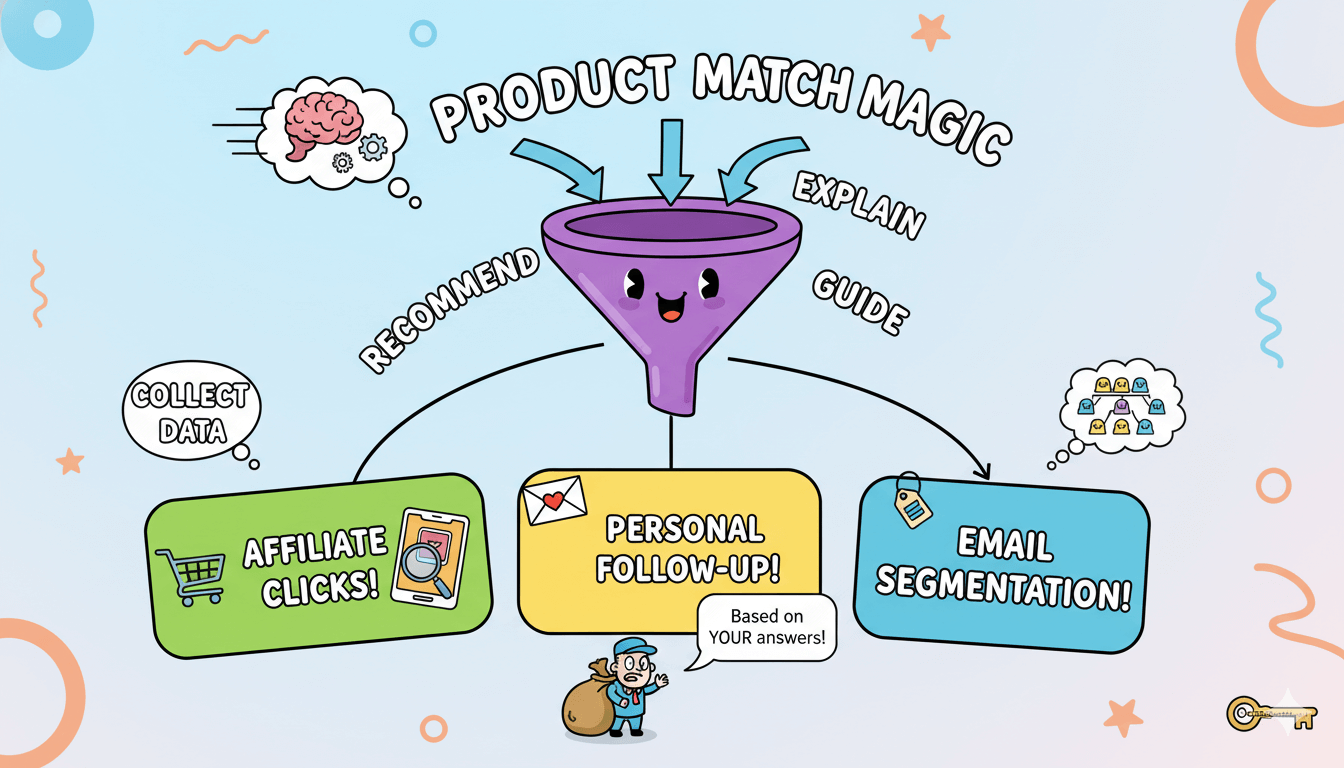 Un diagrama de flujo divertido muestra la magia de la correspondencia de productos que conduce a clics de afiliados, seguimiento personal y segmentación de correos electrónicos.