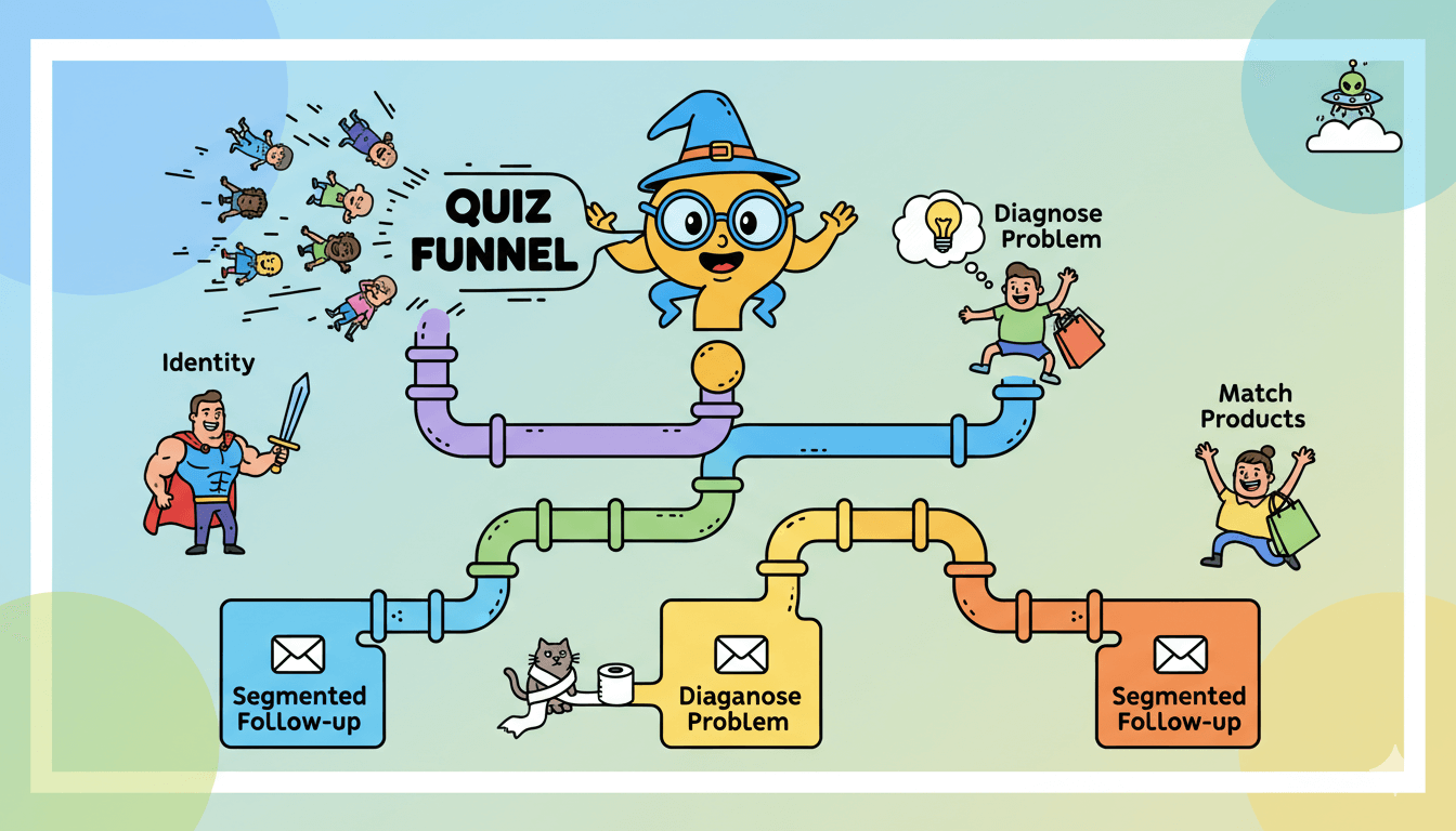Un mago de dibujos animados guía a personas diversas a través de un colorido embudo de preguntas, clasificándolos en vías segmentadas de seguimiento por correo electrónico.