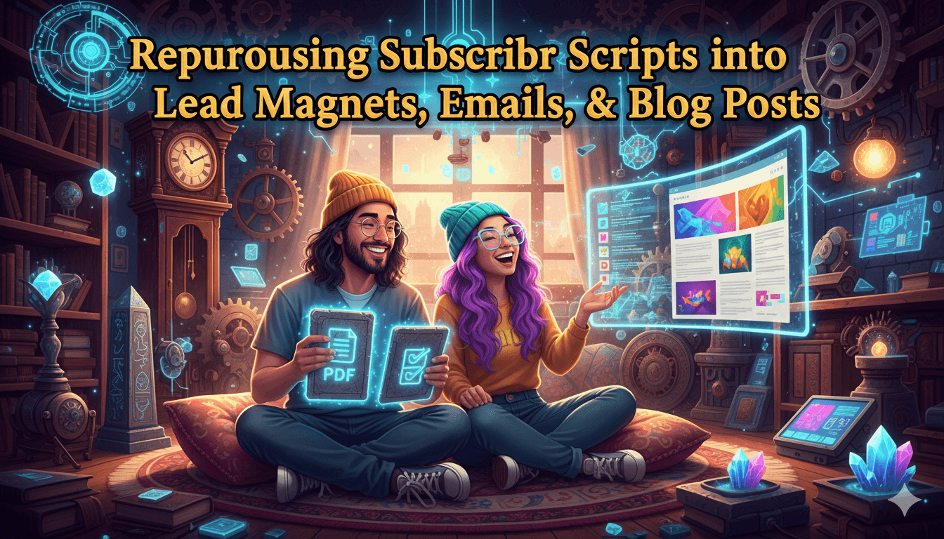 Dos personas sonrientes reutilizando un guion de vídeo en imán de contactos, correos electrónicos y entradas de blog con tecnología antigua y moderna.