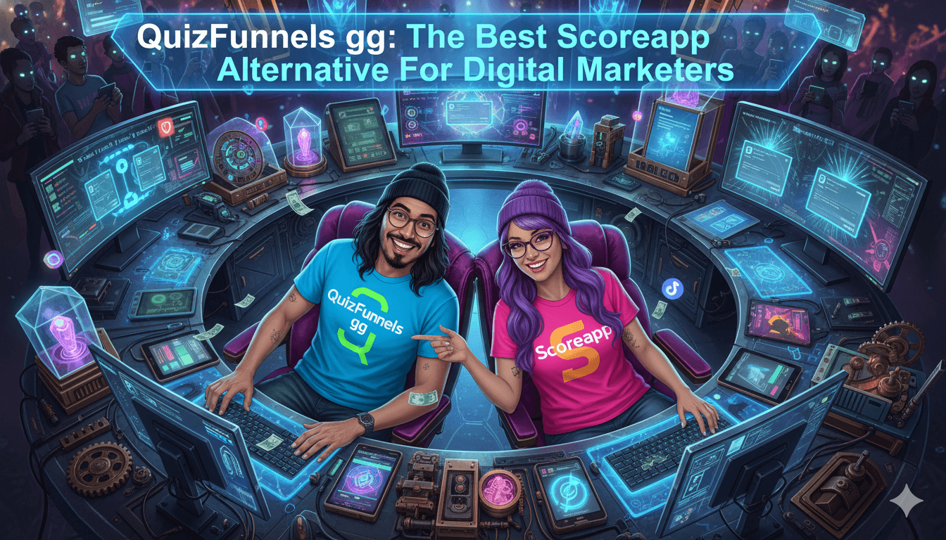 Un hombre con una camiseta de "QuizFunnels gg" y una mujer con una camiseta de "Scoreapp" sonríen a los ordenadores, demostrando embudos de preguntas para marketers digitales