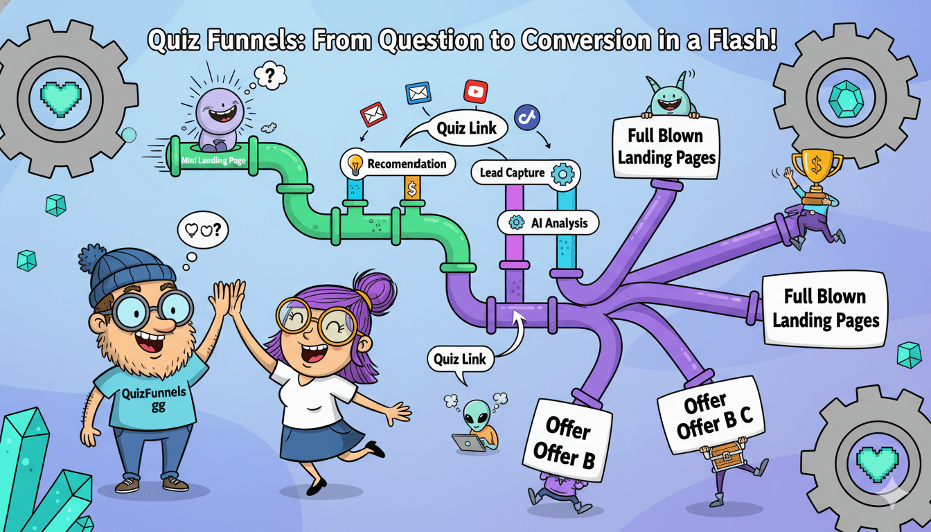 Un divertido diagrama de dibujos animados ilustra el flujo de trabajo gg de QuizFunnels, desde preguntas en mini páginas de destino hasta ofertas personalizadas