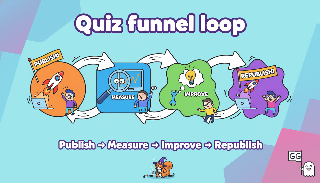 Un diagrama de bucle de embudo de cuestionario muestra la publicación de un cuestionario, se revisan métricas básicas, se realiza una mejora y se vuelve a publicar el cuestionario