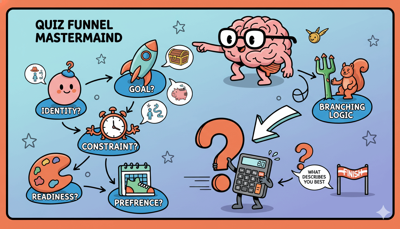Modelo Un diagrama de flujo caprichoso muestra un embudo de cuestionario que comienza con preguntas de identidad, objetivo, restricción, preferencia y preparación