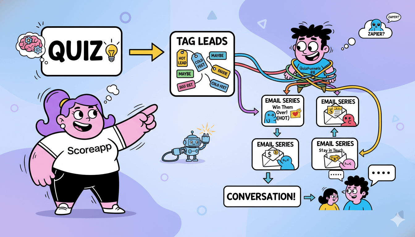 Una mujer con una camiseta de "Scoreapp" señala un diagrama de flujo que muestra cómo los cuestionarios conducen a leads etiquetados, series de correos electrónicos y conversaciones