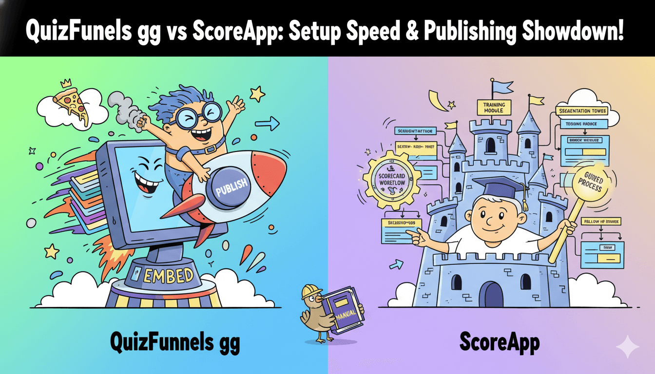 Un dibujo animado dividido muestra un cohete lanzando desde un ordenador para QuizFunnels gg, y una persona construyendo un castillo para ScoreApp.
