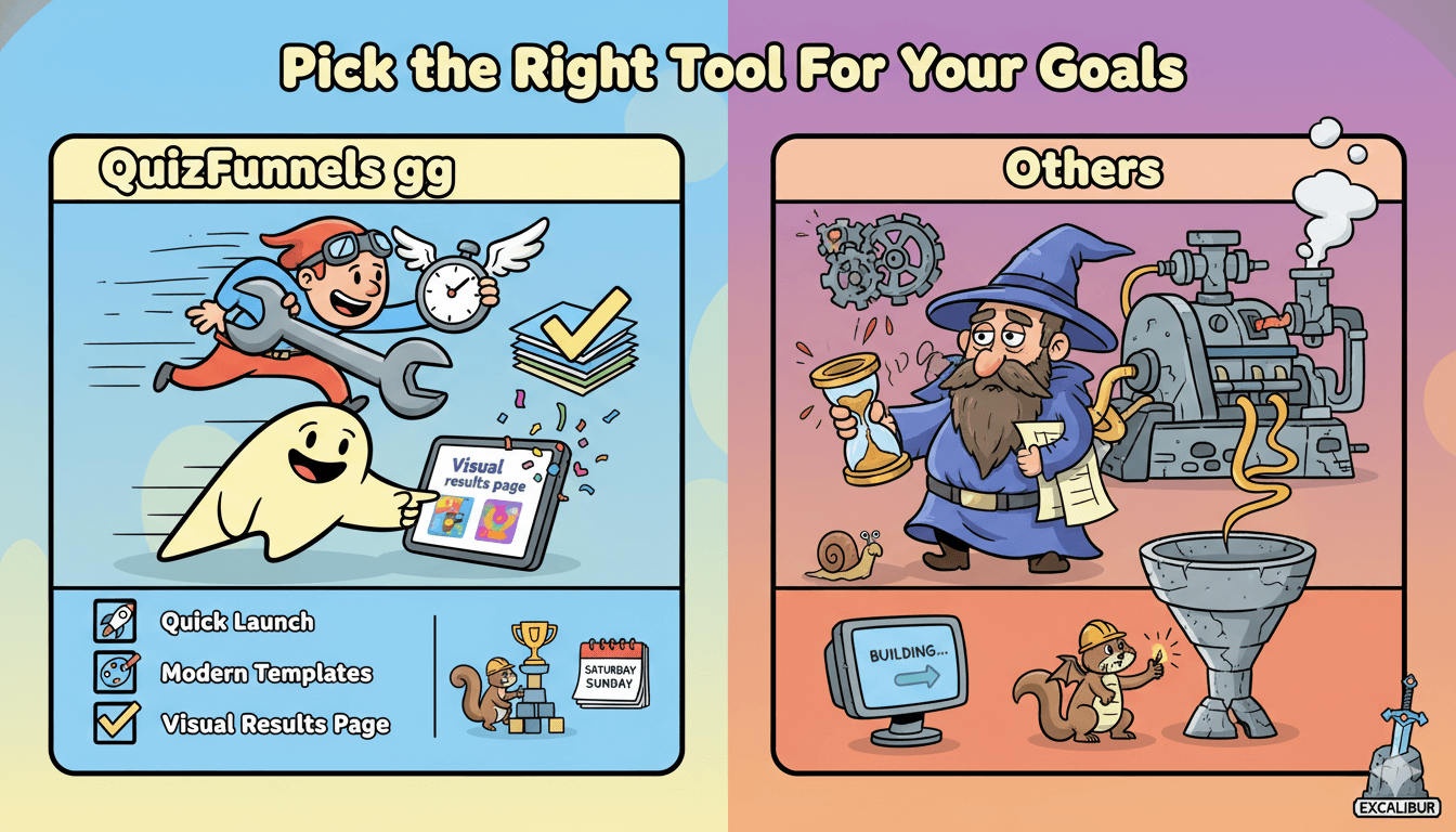 Una comparación dividida muestra el lanzamiento rápido, las plantillas modernas y la página de resultados visuales de QuizFunnels gg frente a otras herramientas más lentas