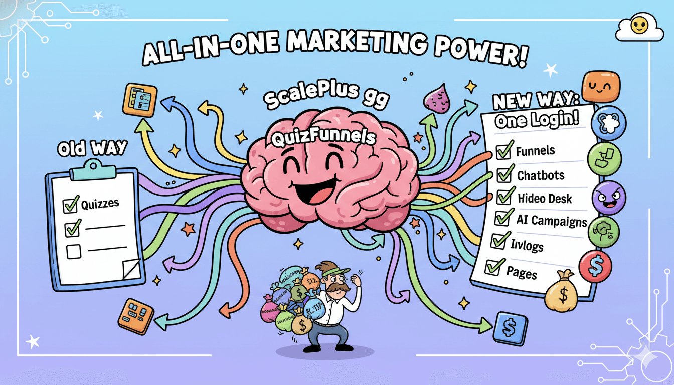 Un cerebro de dibujos animados que representa a QuizFunnels tiene muchos brazos coloridos que se extienden hacia diversas herramientas de marketing, destacando su naturaleza todo en uno