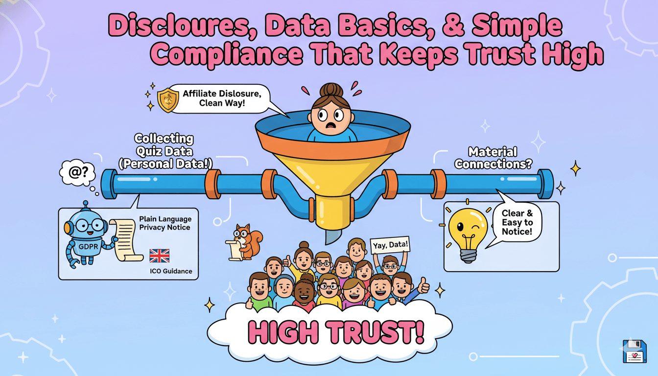 Un diagrama de flujo caprichoso ilustra las divulgaciones, los fundamentos de los datos y el cumplimiento para generar confianza al recopilar datos de preguntas