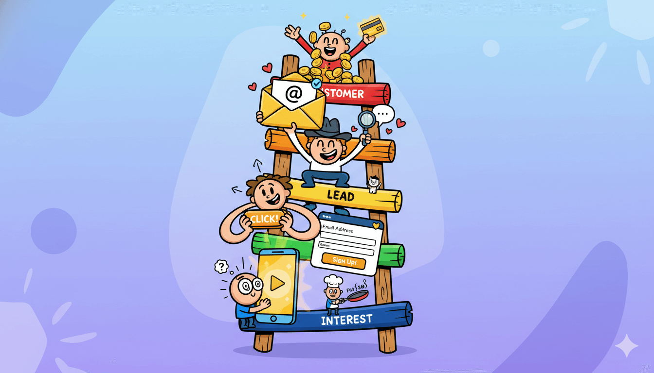 Una "escalera de leads" de dibujos animados define visualmente los pasos de "interés", "clic", "lead", "lead cálido" y "cliente" para medir lo que importa.