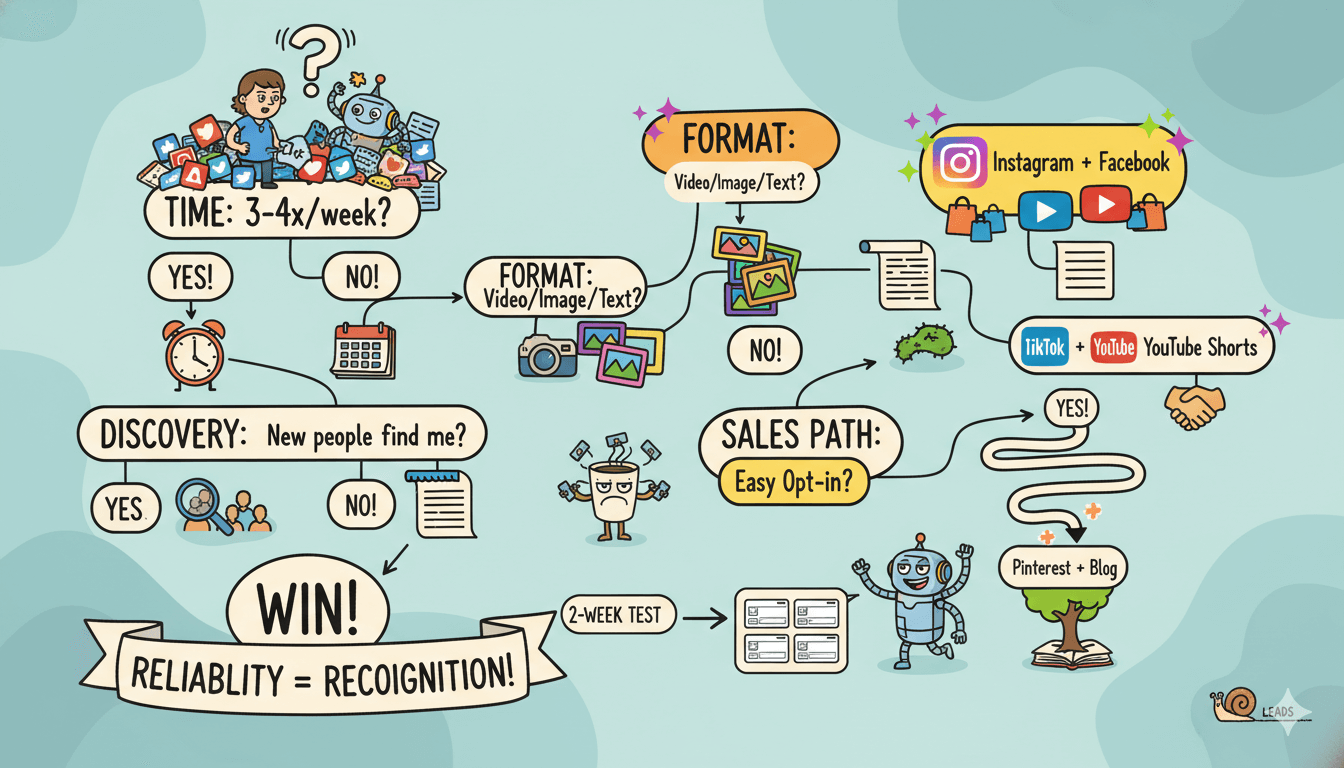 Un diagrama de flujo de dibujos animados ilustra el proceso de elegir las vías de contenido y las plataformas para alcanzar 1.000 clientes potenciales.