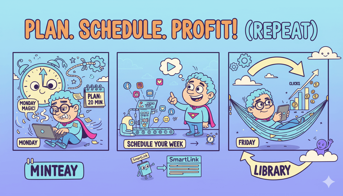 Un viñeta humorístico ilustra tres líneas de contenido: "enseñar", "demostrar" e "invitar", para crear contenido de forma coherente.