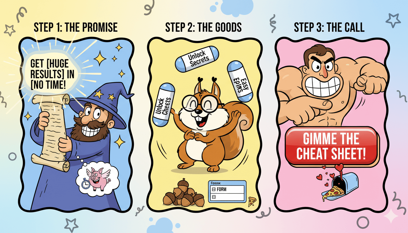 Un dibujo animado de tres viñetas juguetón muestra cómo crear una página sencilla de captura de clientes potenciales para mejores tasas de conversión.