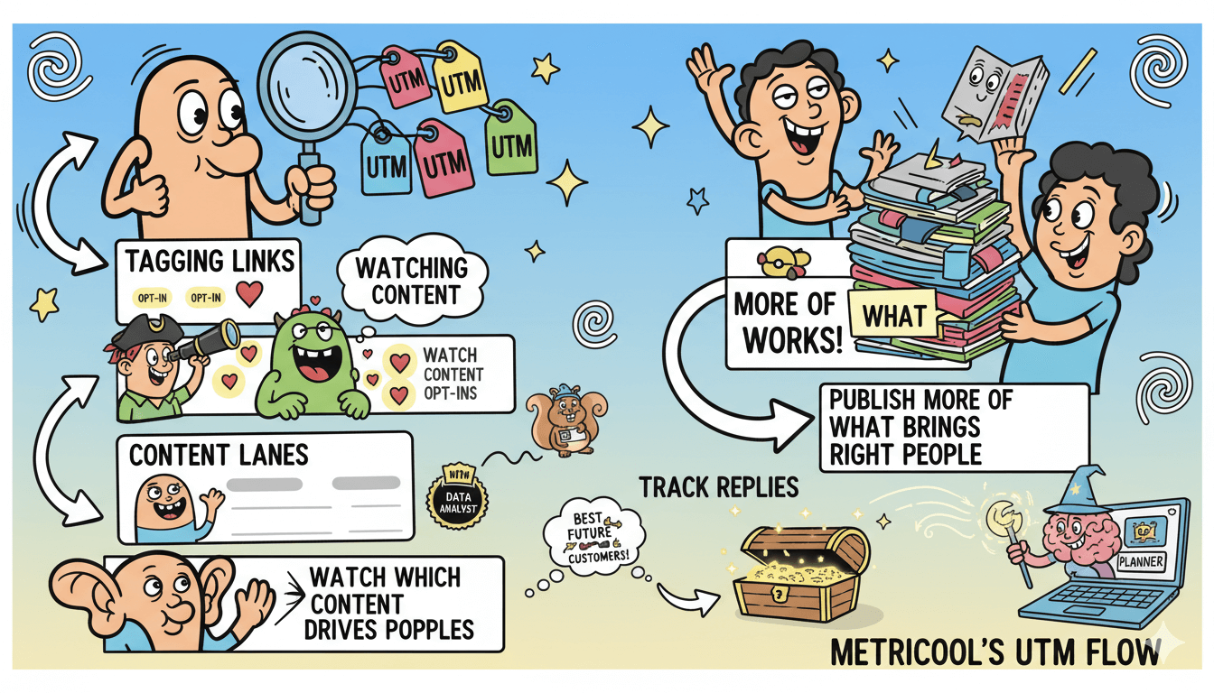 Un diagrama de flujo lúdico describe cómo rastrear temas de contenido con los UTM para encontrar contactos y publicar más sobre lo que atrae al público adecuado.