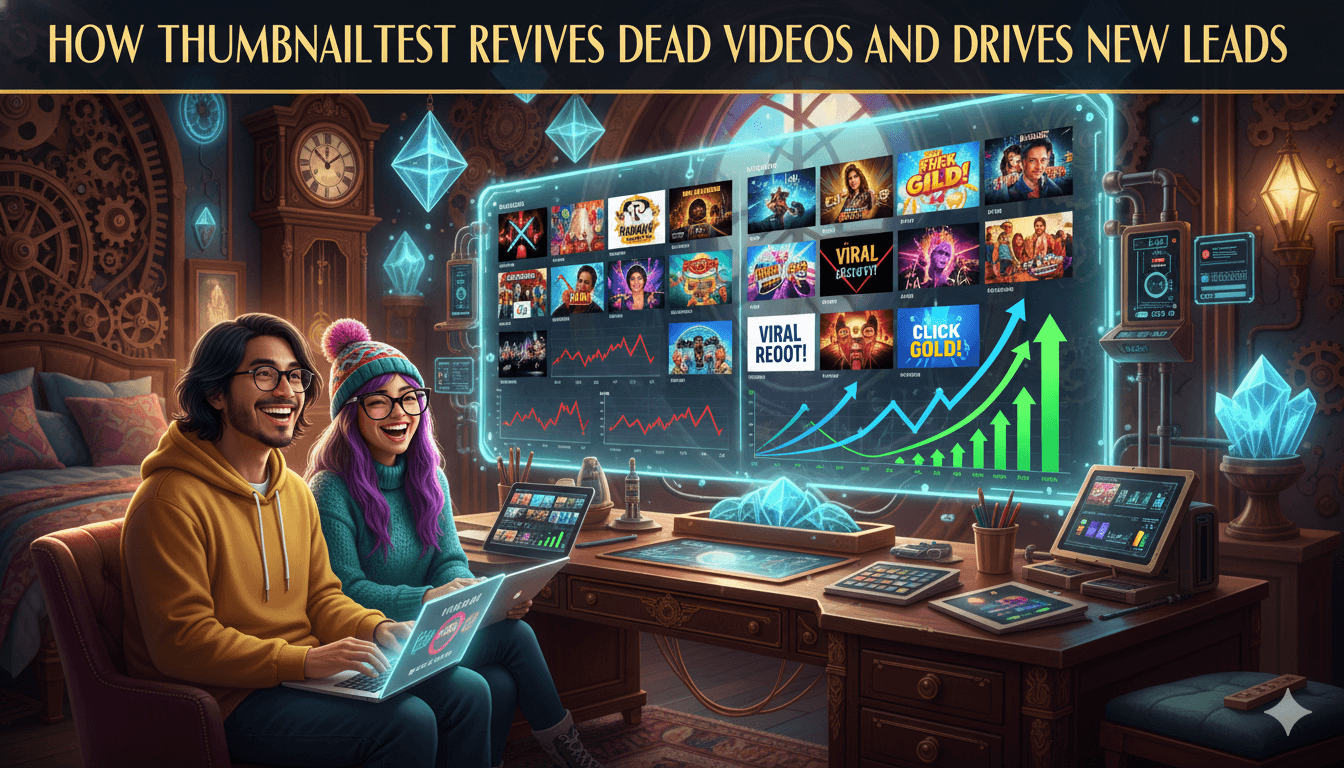 Dos creadores de contenido felices, un hombre y una mujer, visualizan análisis de YouTube en declive y luego en aumento en una gran pantalla holográfica, demostrando el impacto "más rápido"