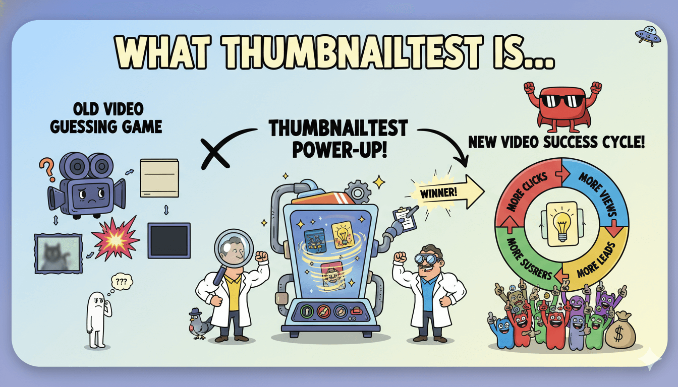 A whimsical flowchart explains what ThumbnailTest is, showing a transition from a "guessing game" to a "new video success cycle"