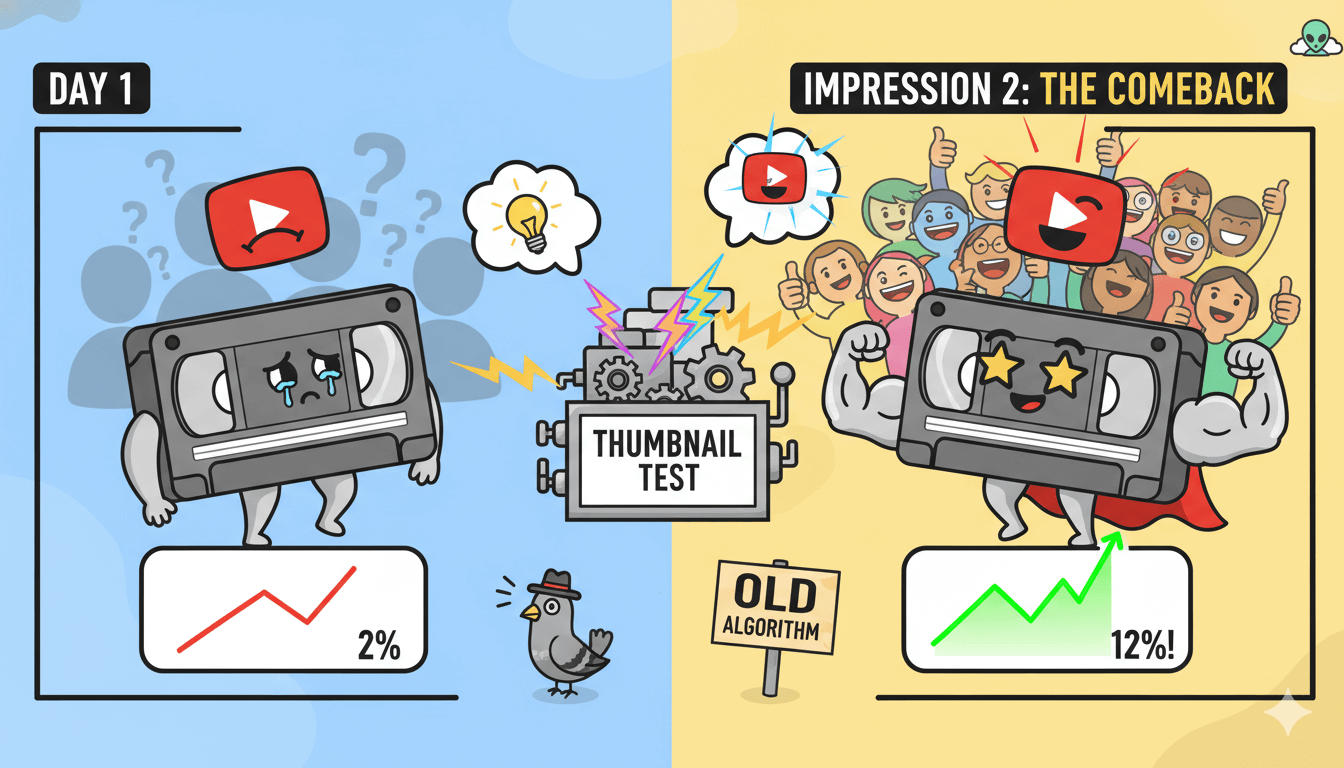 A split comparison shows a sad video cassette with low CTR on "Day 1" transformed by "Thumbnail Test" into a muscular superhero with high CTR.