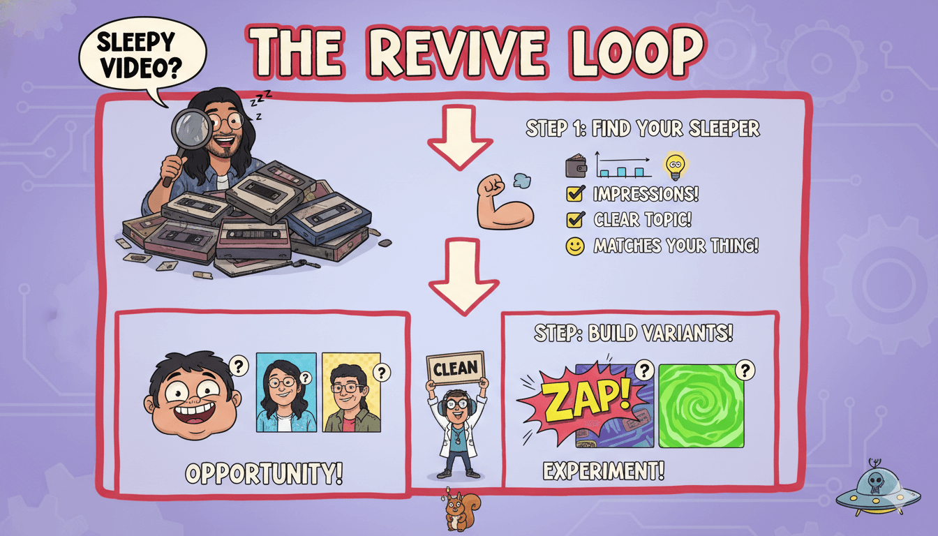 A whimsical process flowchart, "The Revive Loop," illustrates choosing a "sleepy" video and building thumbnail variants for testing.