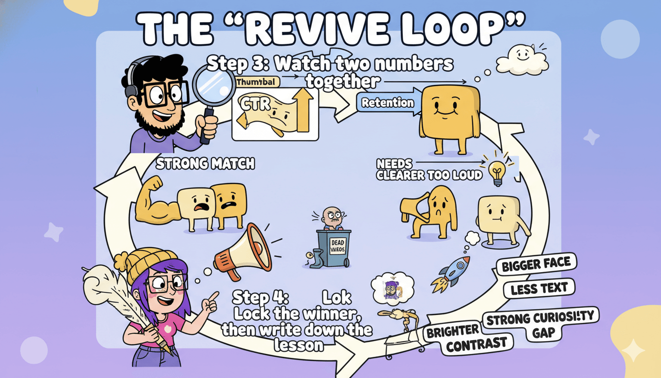 A whimsical flowchart, "The Revive Loop," illustrates a four-step process for optimizing video thumbnails to improve viewer engagement.