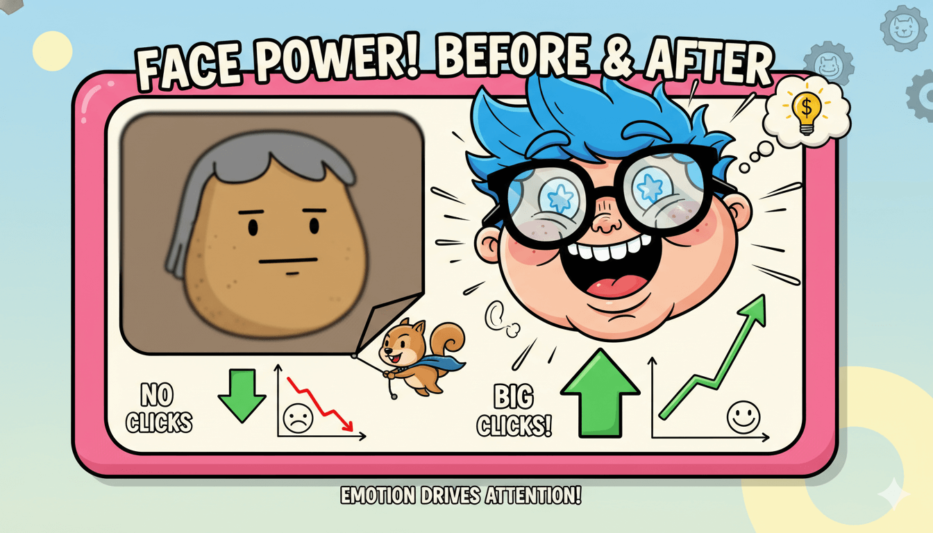 A split comparison shows a "before" potato-faced thumbnail with low clicks and an "after" expressive face with high clicks, illustrating the power of faces and emotion.