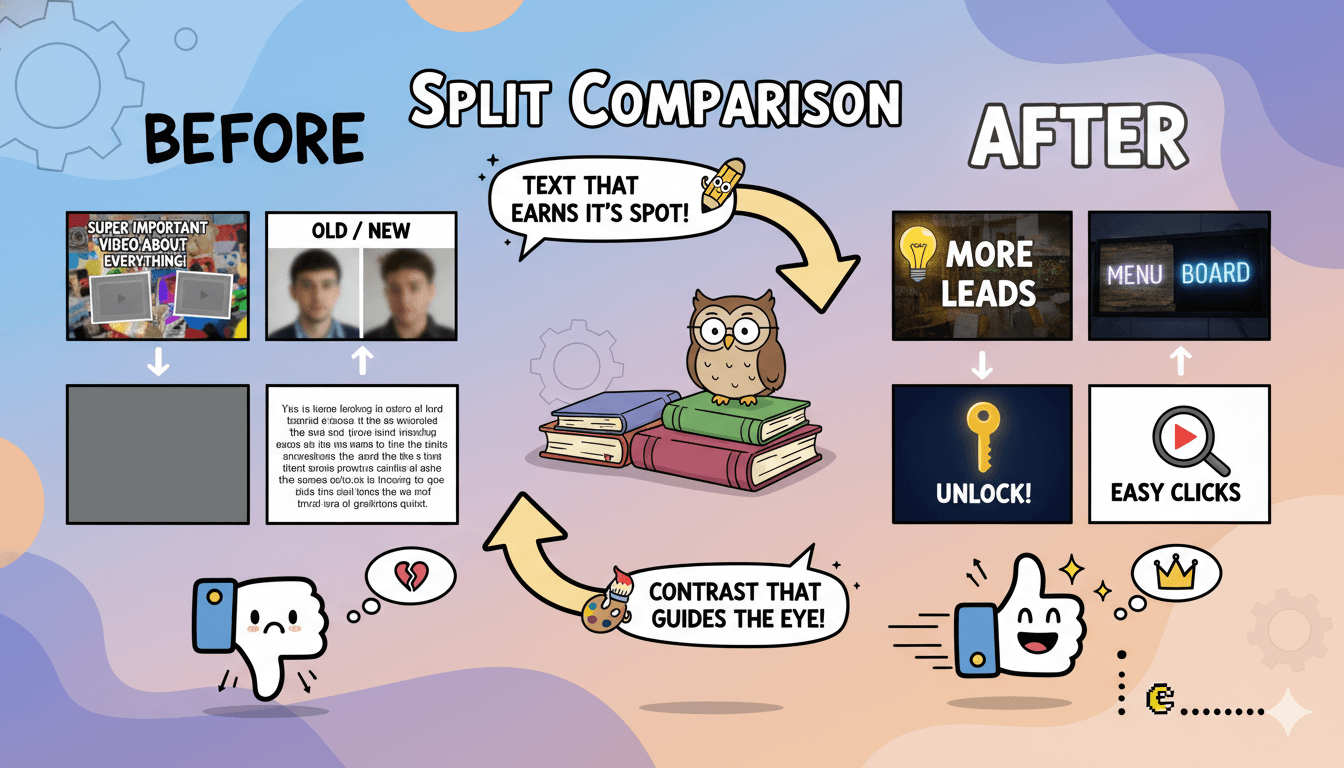 A whimsical split comparison shows how strong text and contrast in thumbnails improve clicks from "before" to "after" using cartoon visuals