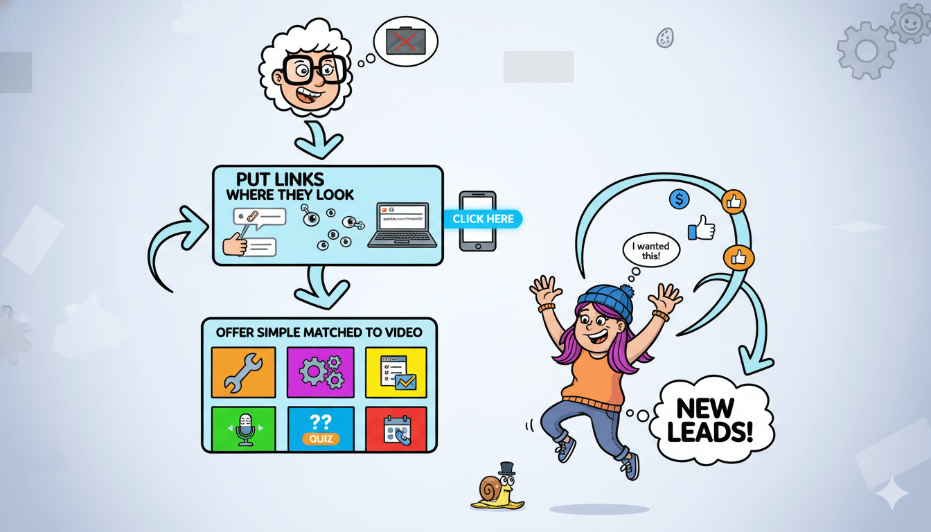 A whimsical flowchart shows how to turn revived views into new leads by placing links where viewers look and offering relevant content.