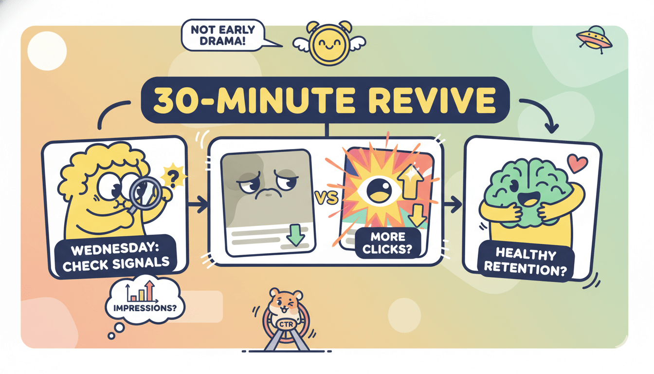 A cartoon flowchart depicts a "30-minute revive" rhythm, asking if impressions flow, if a thumbnail gets more clicks, and if retention is healthy.