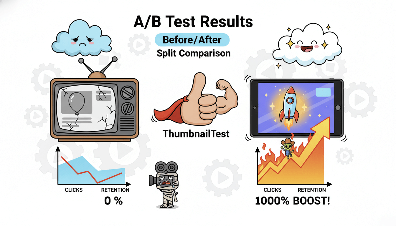 A cartoon A/B test results chart shows a sad old TV with declining video performance versus a happy tablet with a rocket, indicating improved clicks and retention after using ThumbnailTest.