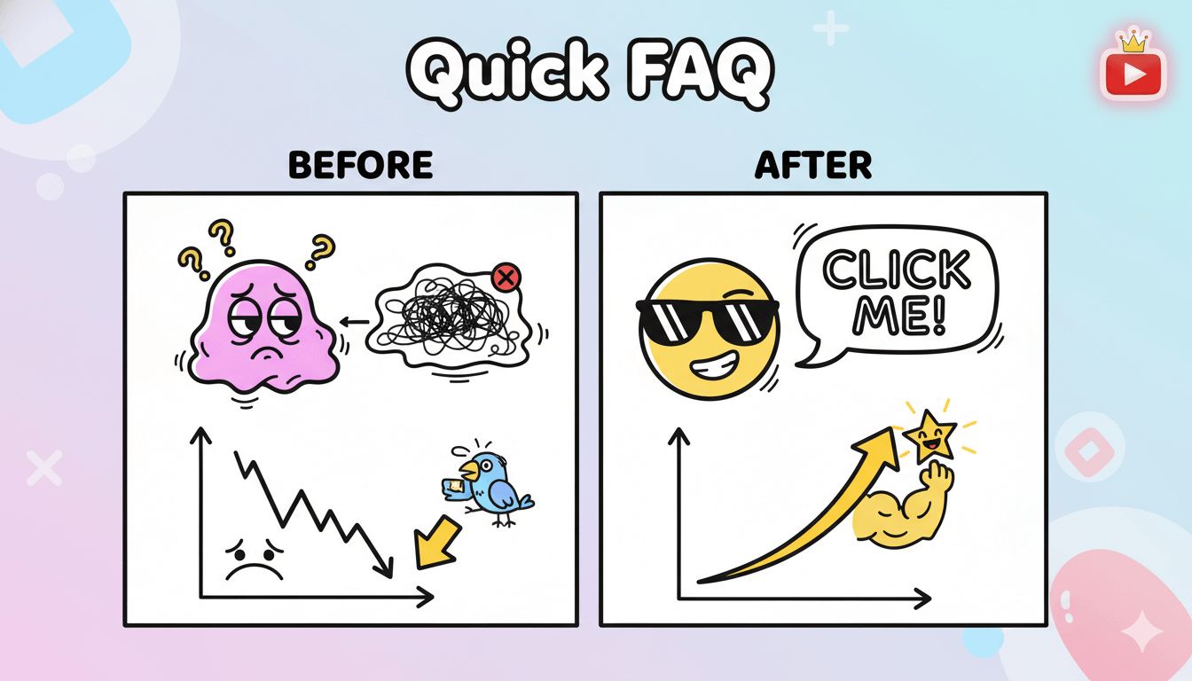 A split comparison shows a sad, low-performing thumbnail contrasted with a cool, high-performing one, answering common questions in the FAQ.