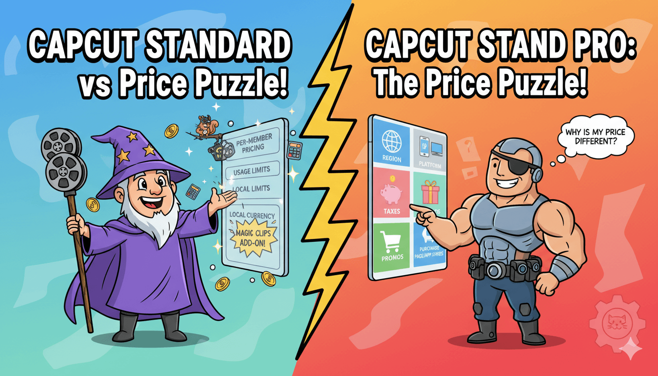 Una comparación dividida ilustra la comparación entre precios estándar y pro de CapCut, destacando factores como la región y la plataforma que causan diferencias de precio.