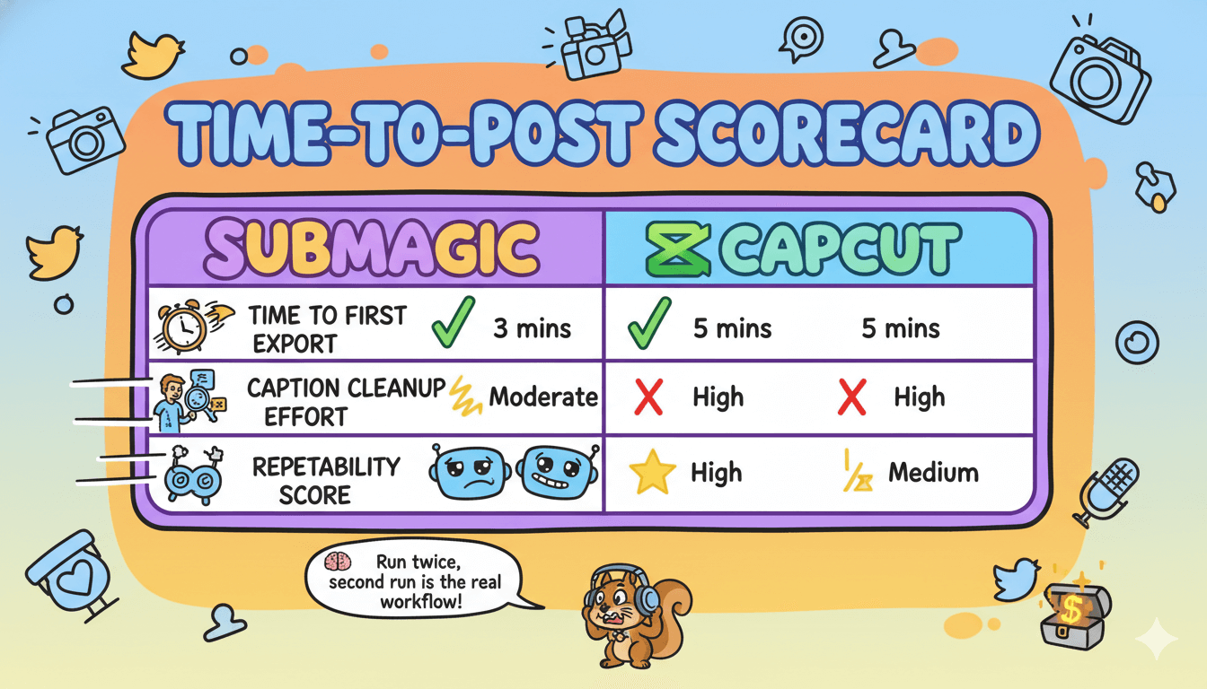 Una tarjeta de puntuación comparando el tiempo de publicación de Submagic y CapCut, la limpieza de los subtítulos y la repetibilidad, con una nota para correr dos veces.