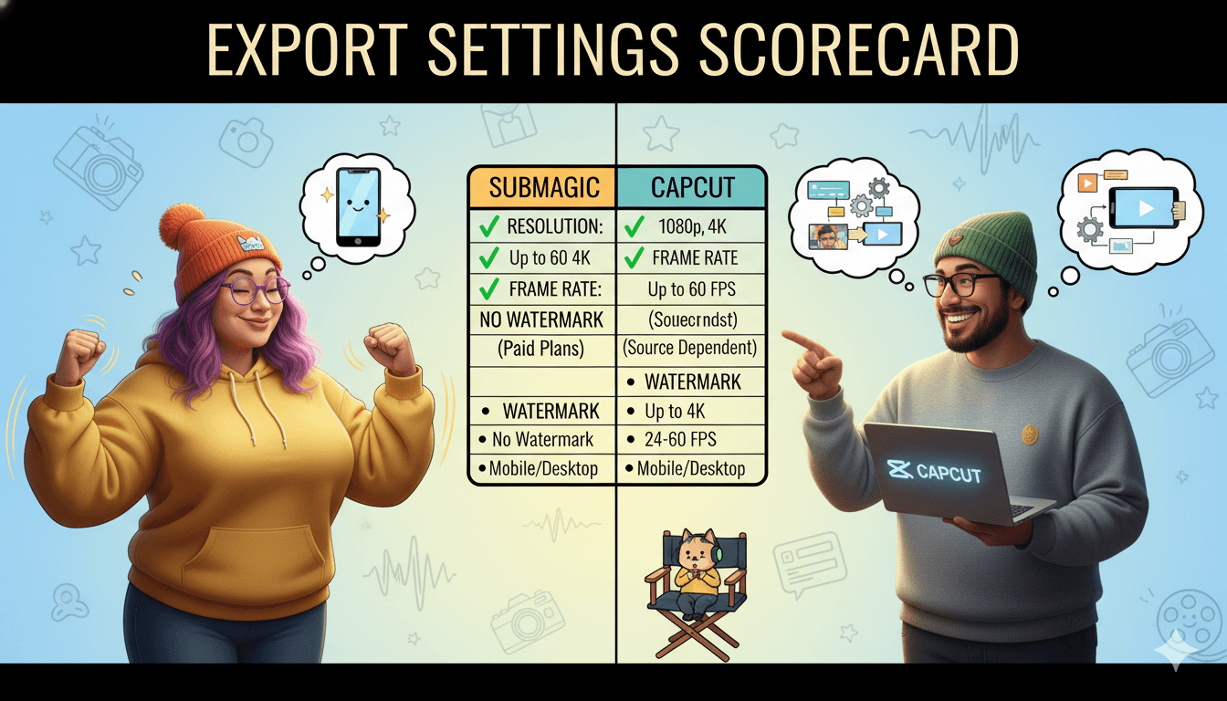 Una tarjeta de puntuación juguetona comparando la configuración de exportación de vídeo de Submagic y CapCut, con personajes de dibujos animados debatiendo la calidad.