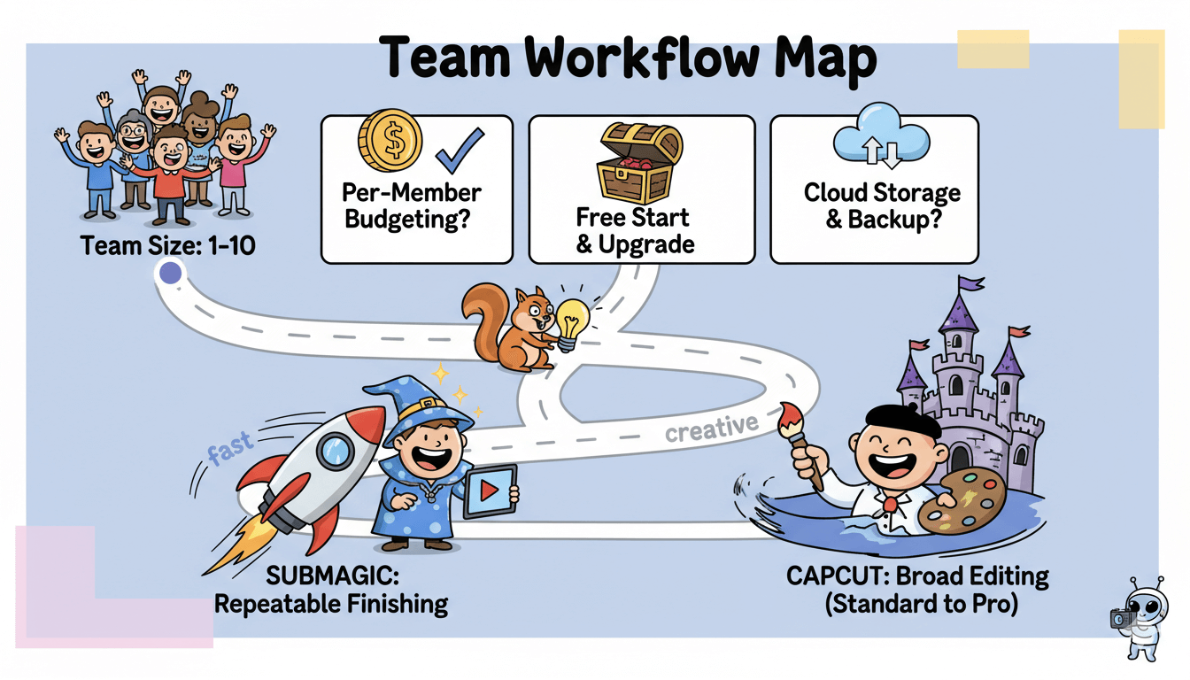 Un mapa de flujo de trabajo de equipo ayuda a los usuarios a decidir si cambiar de CapCut a Submagic para la edición de vídeo.