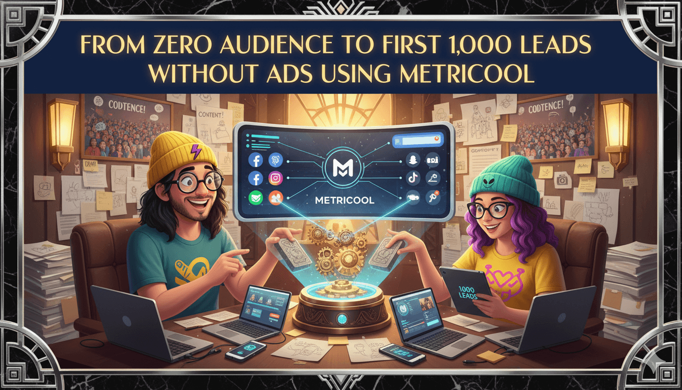 Dos creadores de contenido utilizan Metricool para automatizar la publicación en redes sociales, buscando 1.000 leads sin anuncios, ilustrados en un estilo Art Decó.