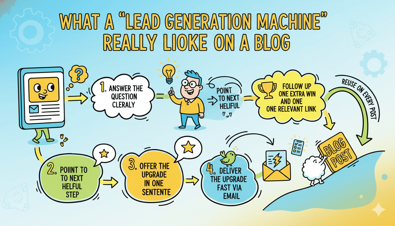 Una infografía de caricaturas caprichosa ilustra un proceso de generación de clientes potenciales en cinco pasos para un blog, mostrando cómo las entradas convierten a los lectores.