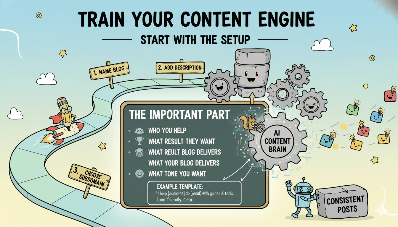 Una infografía de viñeta divertida titulada "entrena tu motor de contenido" ilustra los pasos para crear un blog y definir su propósito.