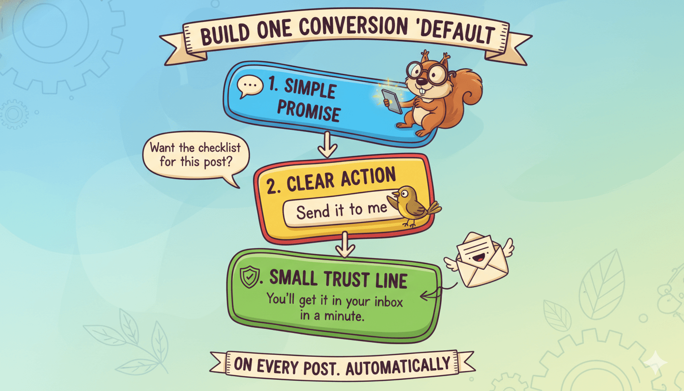 Una infografía de dibujos animados y divertida ilustra cómo crear una "conversión por defecto" en tres partes para entradas de blog, con una ardilla y un pájaro.
