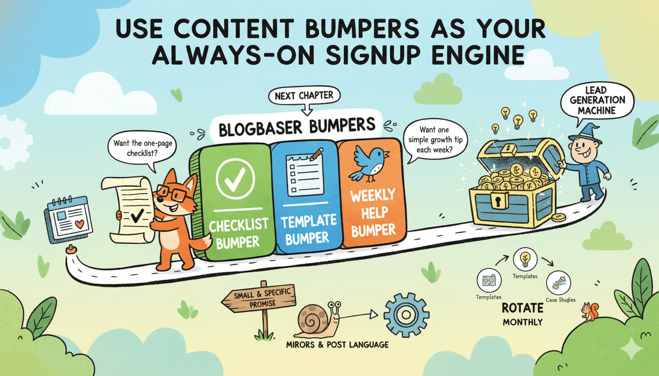 Una infografía divertida ilustra cómo los "blogbaser bumpers" al final de las publicaciones guían a los lectores hacia un "próximo capítulo" para la generación de leads.