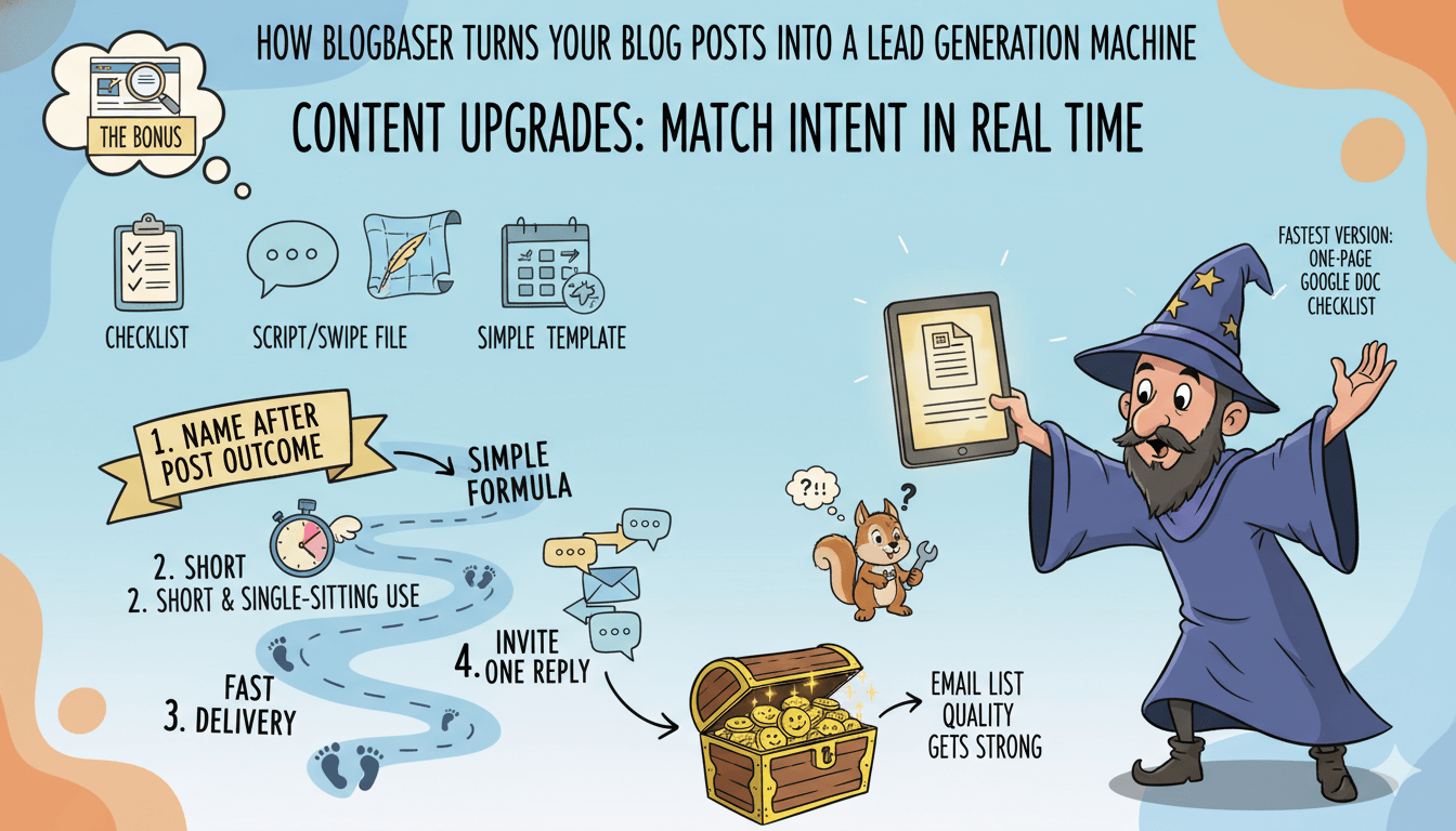 Un asistente divertido ofrece una lista de verificación para mejorar el contenido, ilustrando el proceso de creación de materiales extra para entradas de blog.