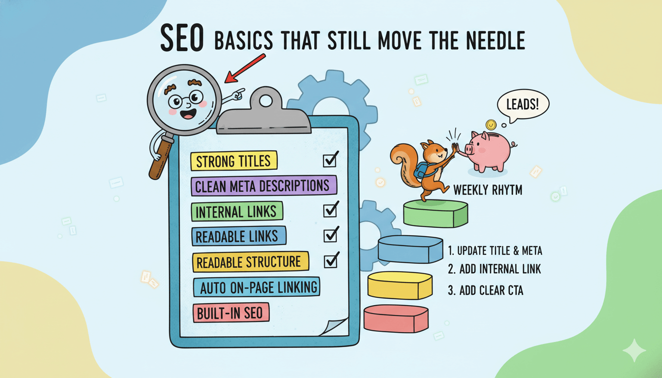 Una infografía divertida ilustra los conceptos básicos del SEO con una lista de comprobación, un personaje de lupa y una ardilla metiendo dinero en una hucha.