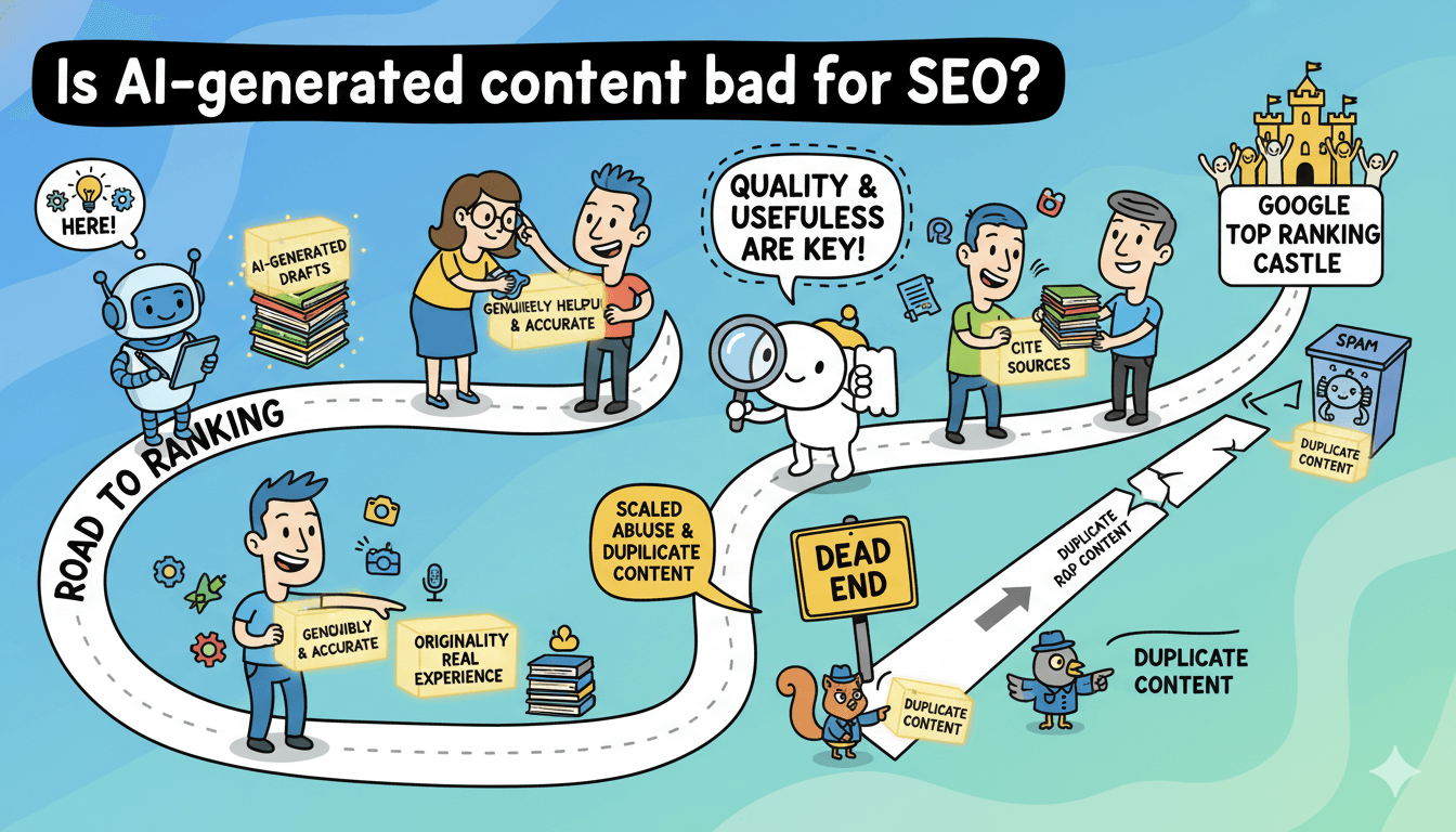 Una infografía de caricaturas caprichosa ilustra el "camino hacia el ranking" del contenido generado por IA en SEO, mostrando caminos hacia el éxito y un callejón sin salida.