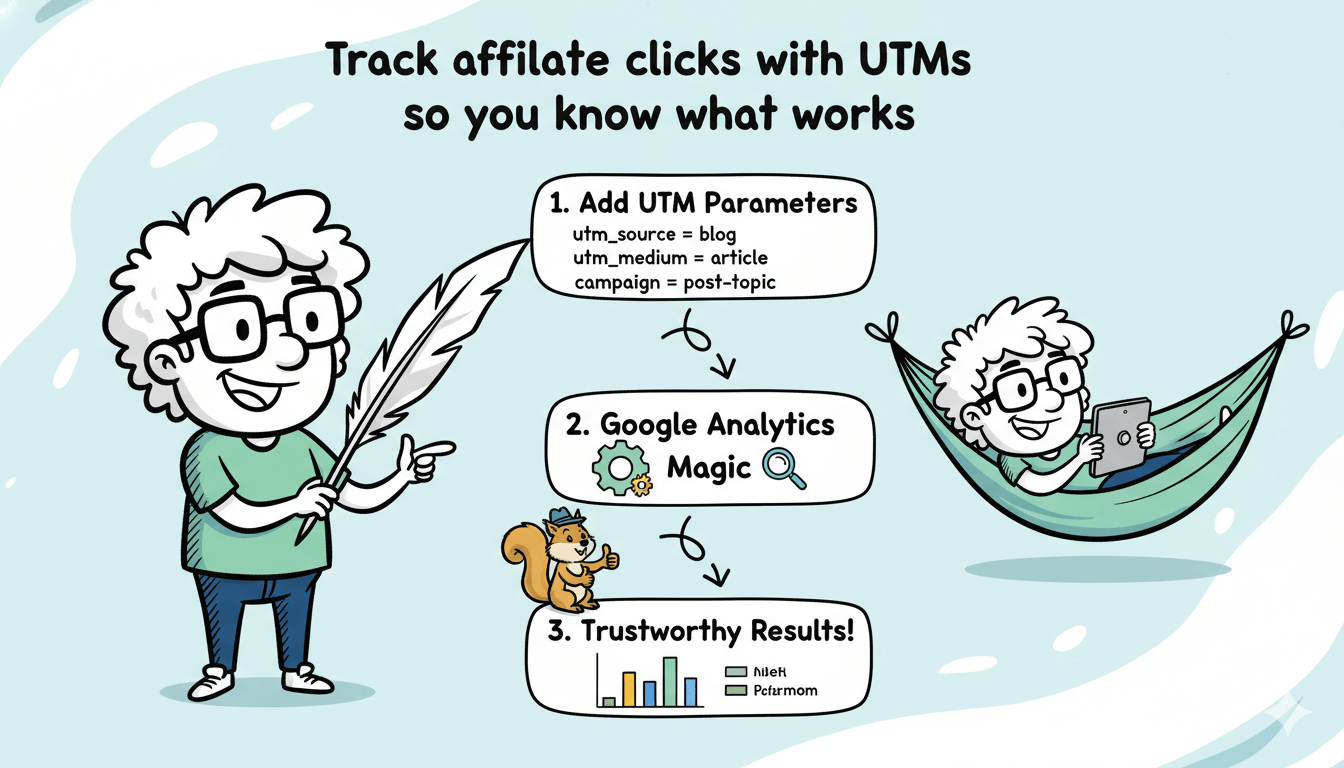 Un diagrama de flujo divertido muestra a una persona añadiendo parámetros UTM, lo que lleva a la magia de Google Analytics y resultados fiables para rastrear clics de afiliados.