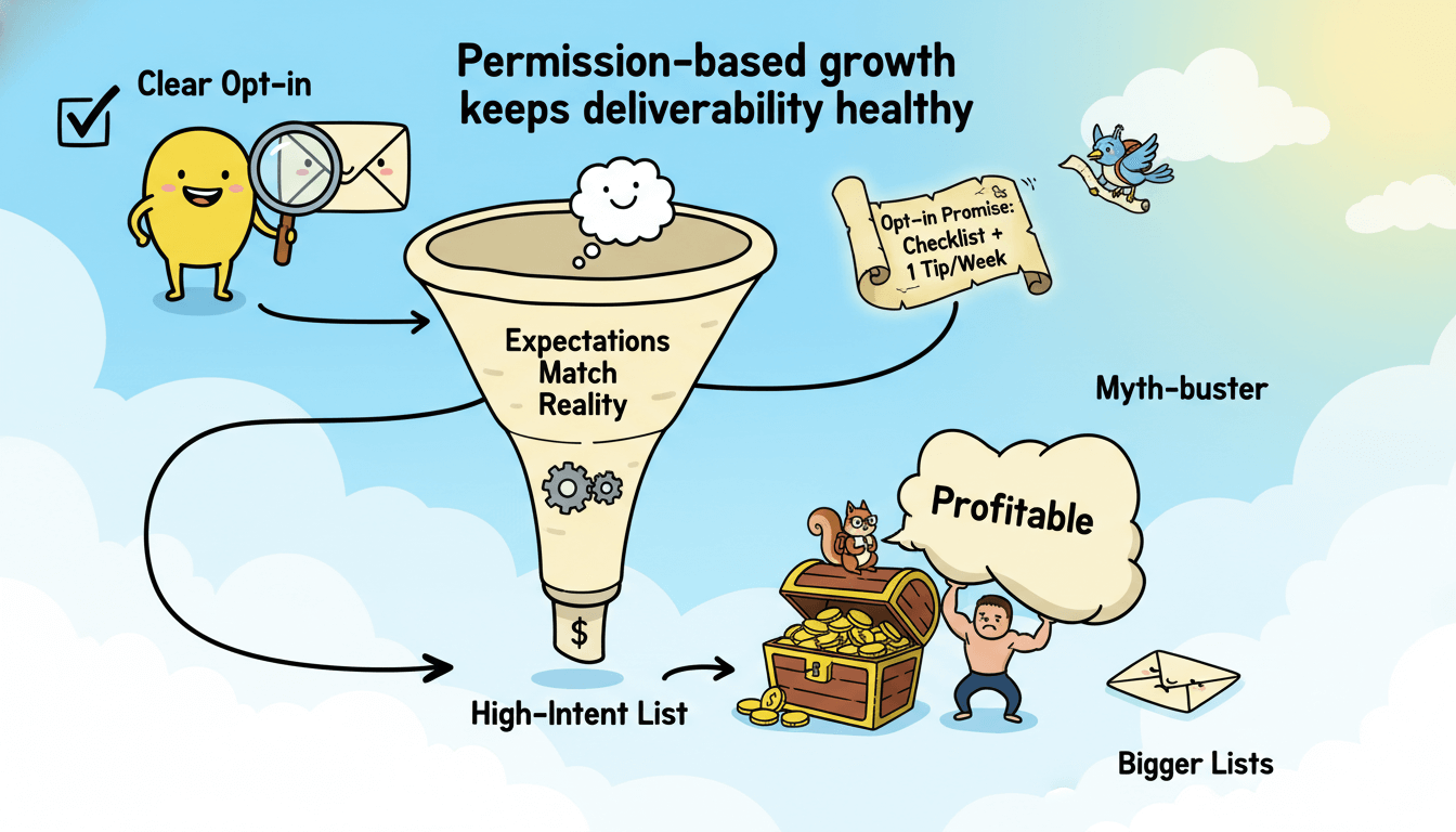 Una infografía divertida ilustra cómo las opt-ins claras conducen a listas de correo con alta intención y mejor entrega de correos.