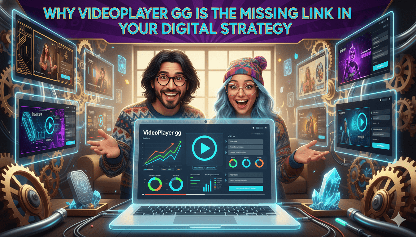 Dos personas emocionadas se sientan frente a un portátil mostrando analíticas de VideoPlayer gg y varias páginas de destino de vídeo, ilustrando el éxito de la estrategia digital