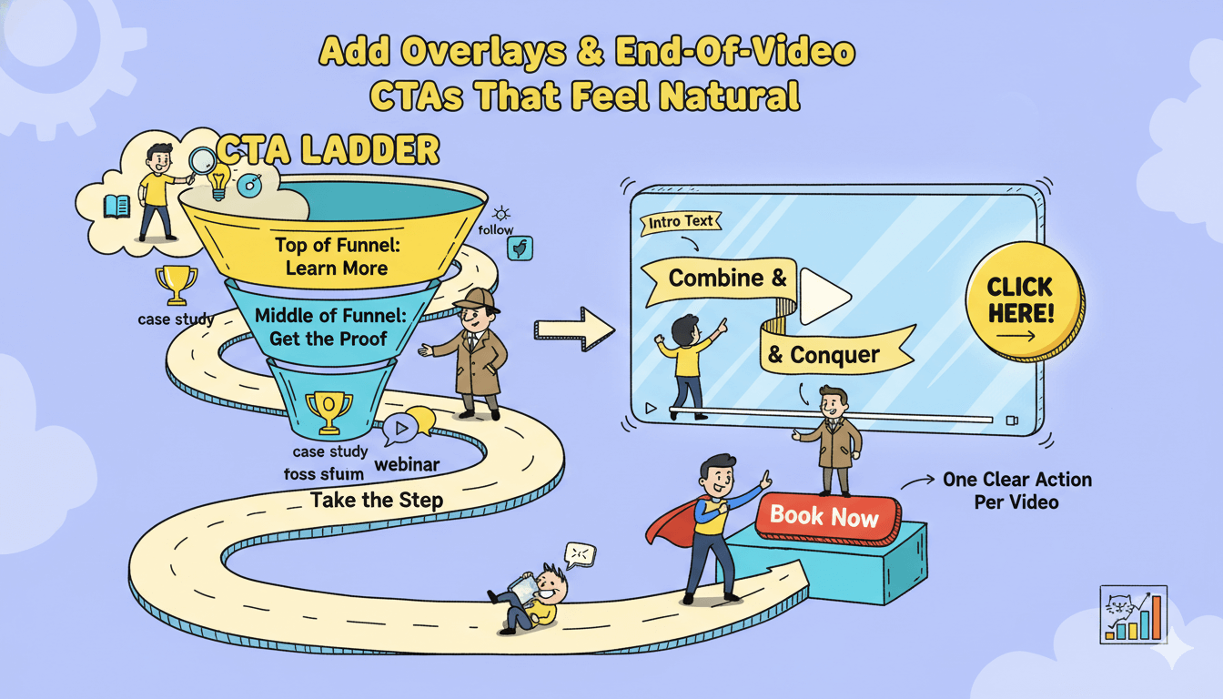 Una infografía divertida ilustra cómo añadir llamados naturales a la acción (CTAs) en vídeos, mostrando una escalera de CTA y una combinación de elementos.