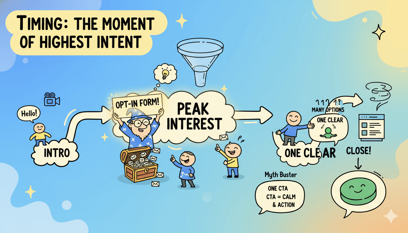 Una infografía caricaturesca caprichosa titulada "Timing: The Moment of Highest Intention" ilustra un recorrido del usuario con un formulario de suscripción en su punto más alto, destacando la efectividad de un CTA claro.