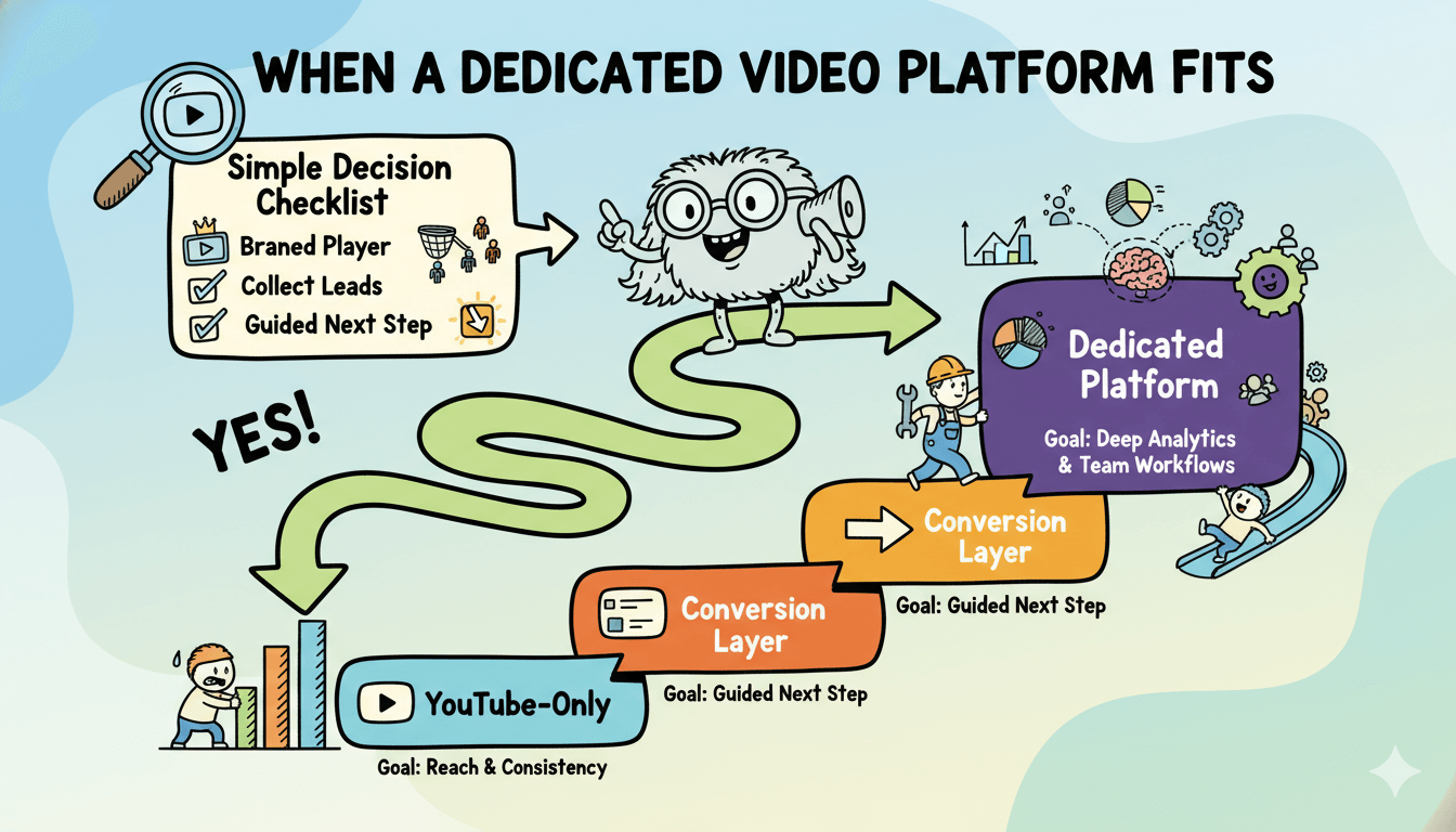 Una infografía caprichosa que ilustra los pasos para publicar e incrustar vídeos, incluyendo una tabla y una prueba final de confianza.