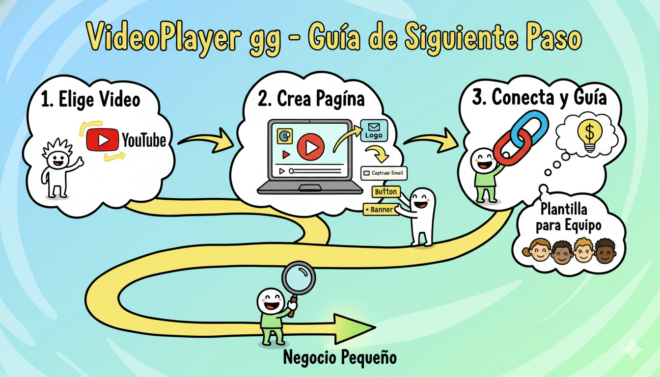 Una infografía de dibujos animados y divertida titulada "VideoPlayer gg - Guía de Siguiente Paso" muestra tres pasos para la estrategia de vídeo para pequeñas empresas.