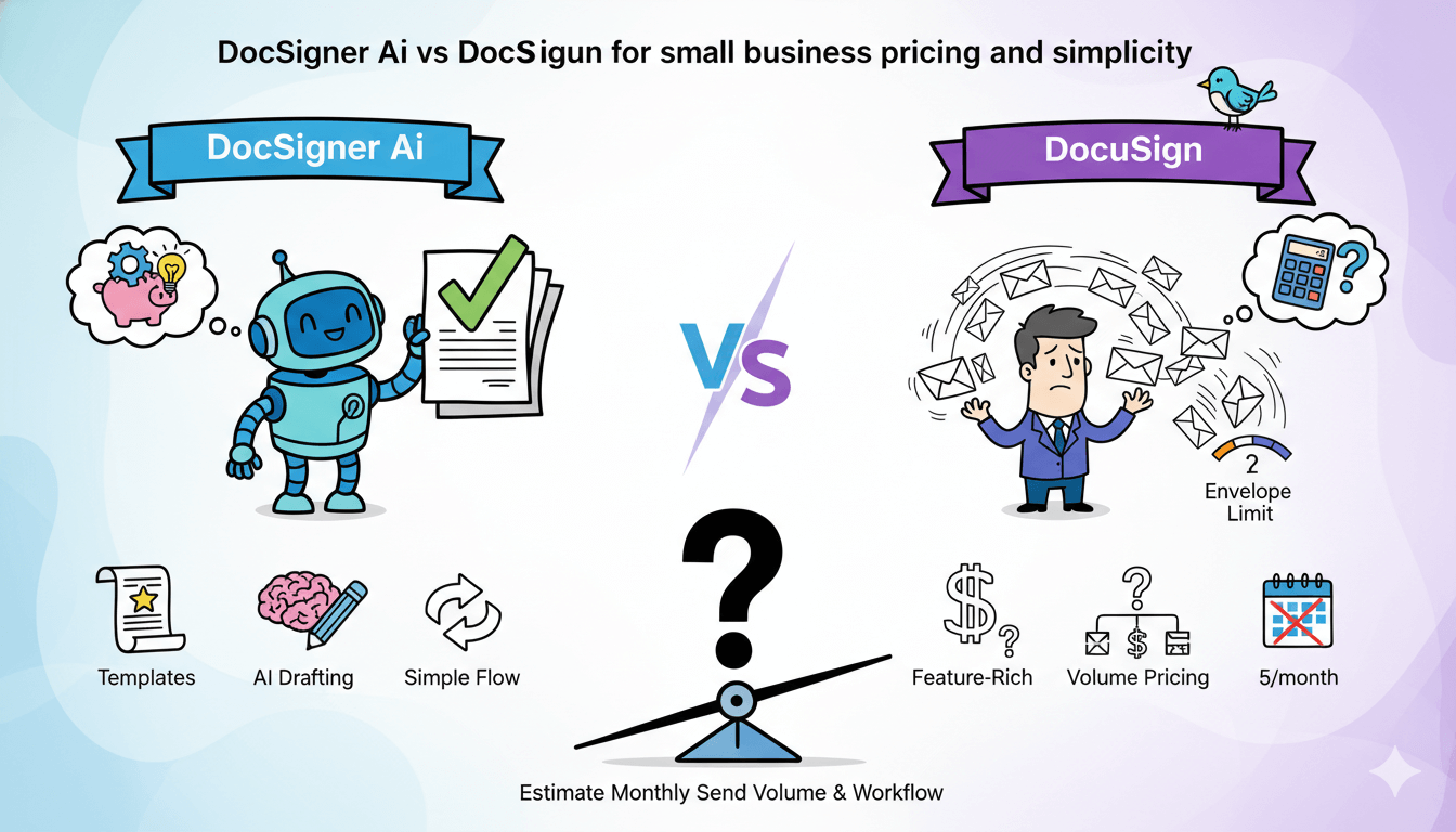 Una infografía compara las características y precios de DocSigner AI y DocuSign para pequeñas empresas, enfatizando el flujo de trabajo y el volumen de envíos.