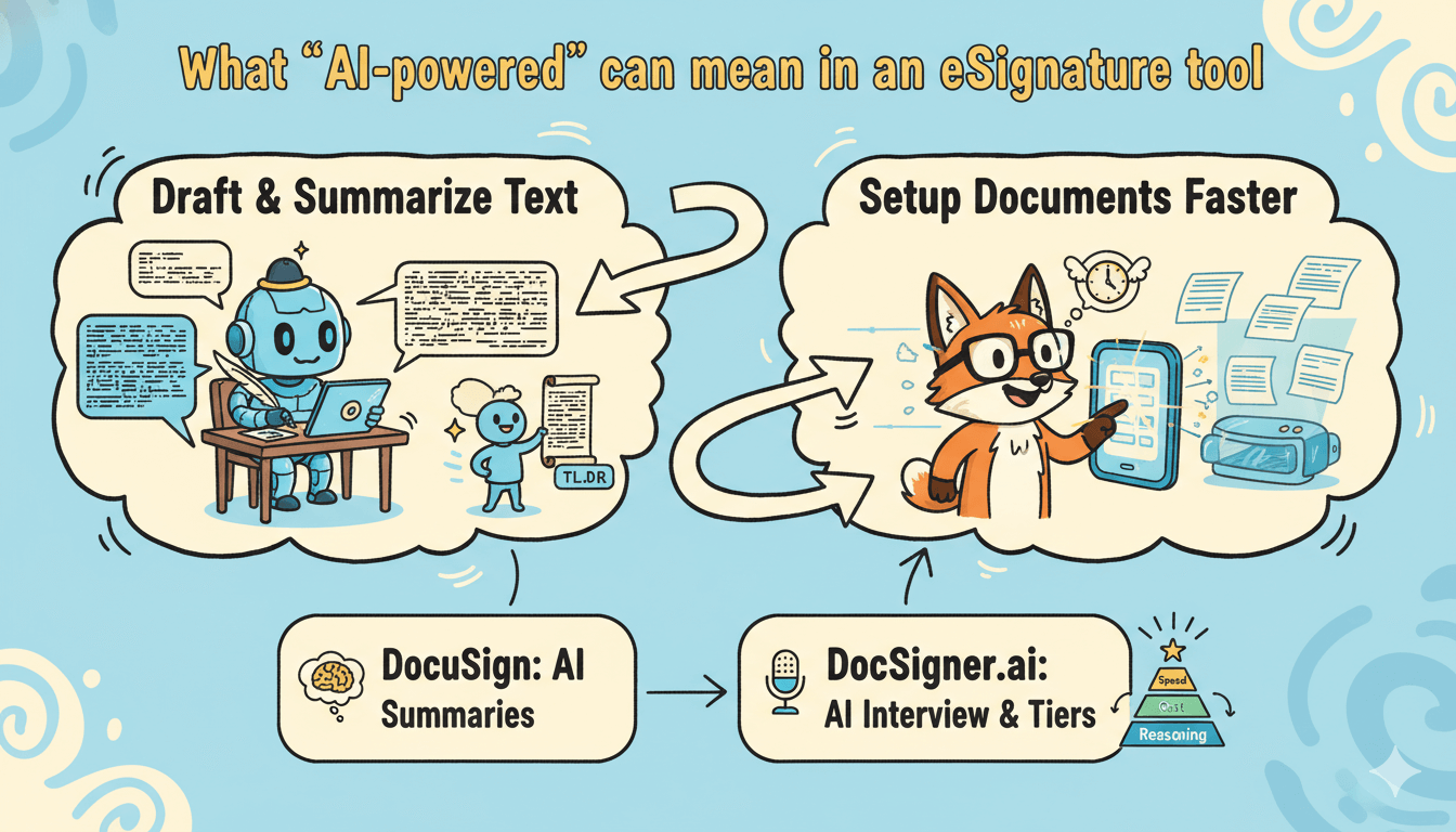 Una infografía divertida muestra el papel de la IA en las herramientas de firma electrónica: redactar texto, configurar documentos y funciones específicas de DocuSign y DocSigner.ai.
